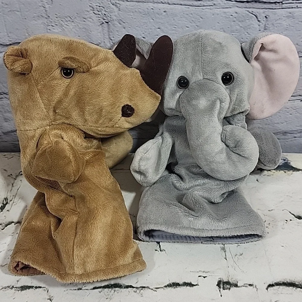 Plush Hand Puppets Lot‎ Of 5 Penguin Elephant Frog Dino Rhino Storytelling Toys